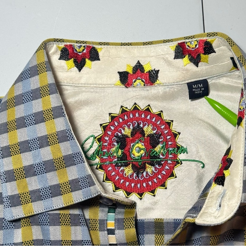 Robert Graham Shirt Flip Cuff Multicolor Plaid Floral Men’s Medium Business - Picture 2 of 11